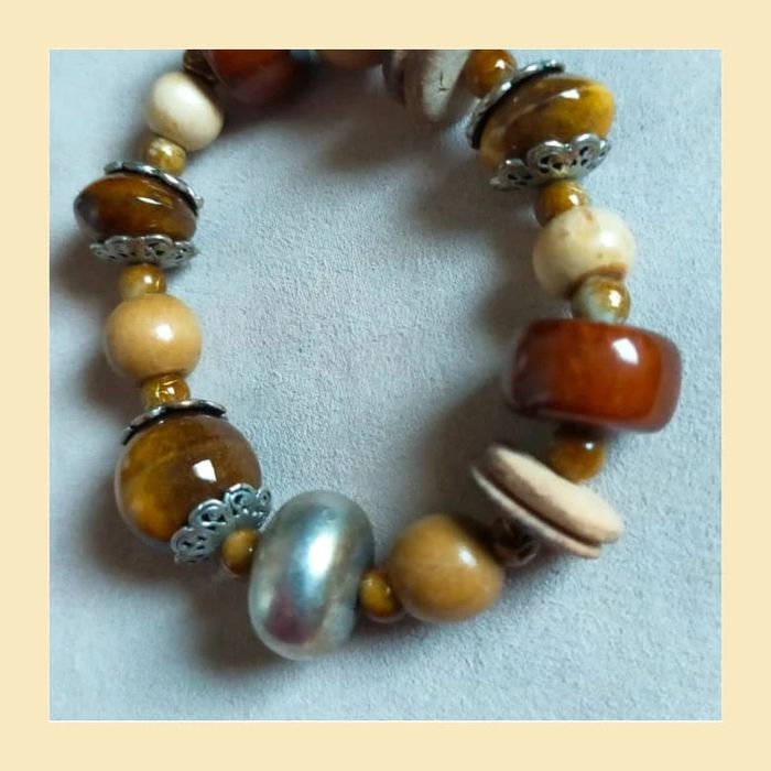 Parure vintage collier + bracelet perles bois & céramique - photo numéro 2