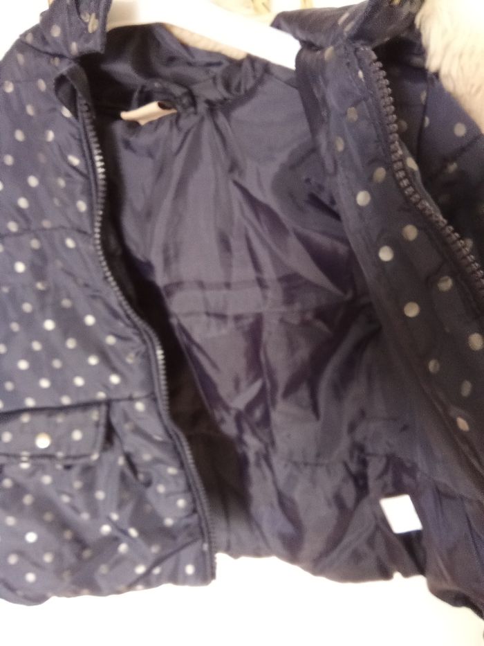 Manteau long, ,veste, doudoune  hiver bébé fille capuche 12 mois, 1 an, marine,  blanc, motifs, chaude, capuche 12 mois - photo numéro 6