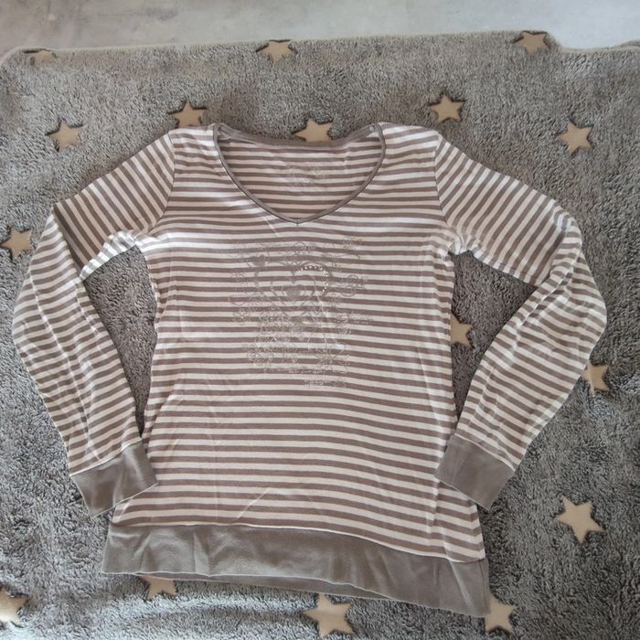 T-shirt manches longues femme rayé marron et creme cache cache taille 1