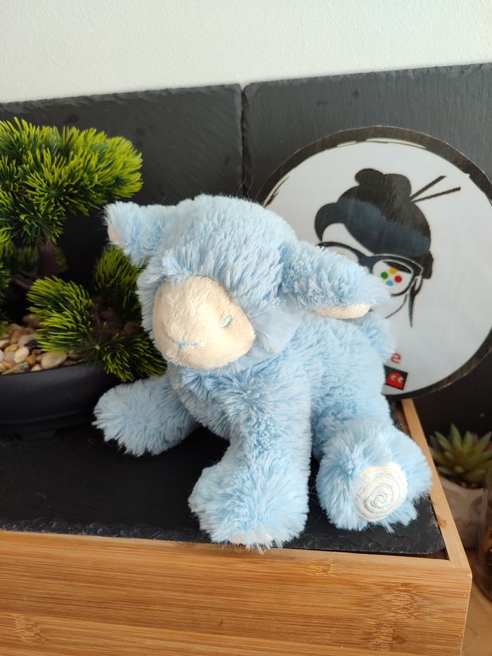 doudou peluche mouton pediatril blanc bleu spirale poil fourrure PE0233