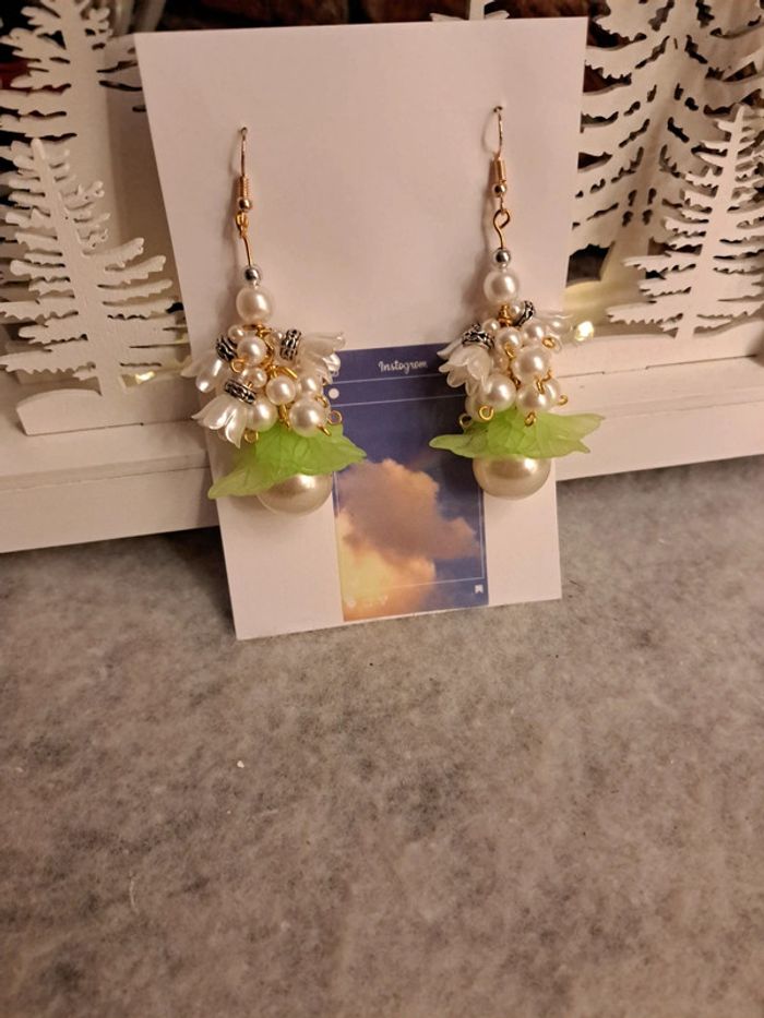 Lot de boucles d'oreilles pendantes bohème verte et blanche - photo numéro 5