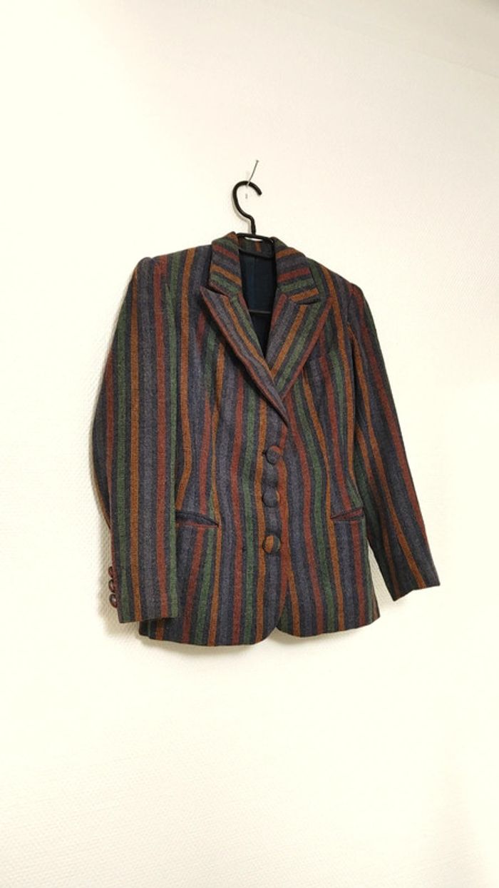 Veste en 100 pour 100 laine totalement vintage année 50 fait main rayure rayé - photo numéro 4