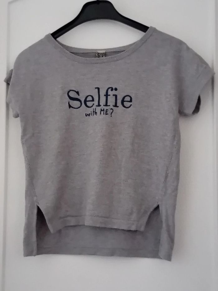 Pull manches courtes selfie gris fille 10 ans TAO - photo numéro 2