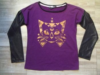 T-shirt (1) violet faux cuir chat doré Punkidz 12 ans