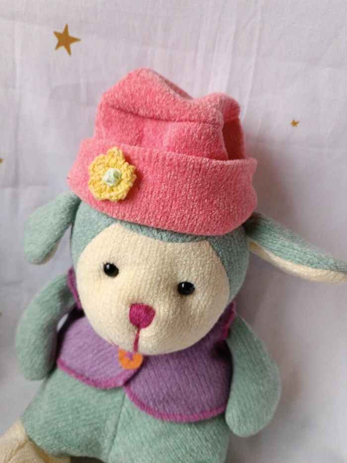 Peluche plush Teddy doudou sample bille bonnet chapeau cap gilet vert green mouton animal sheep - photo numéro 2