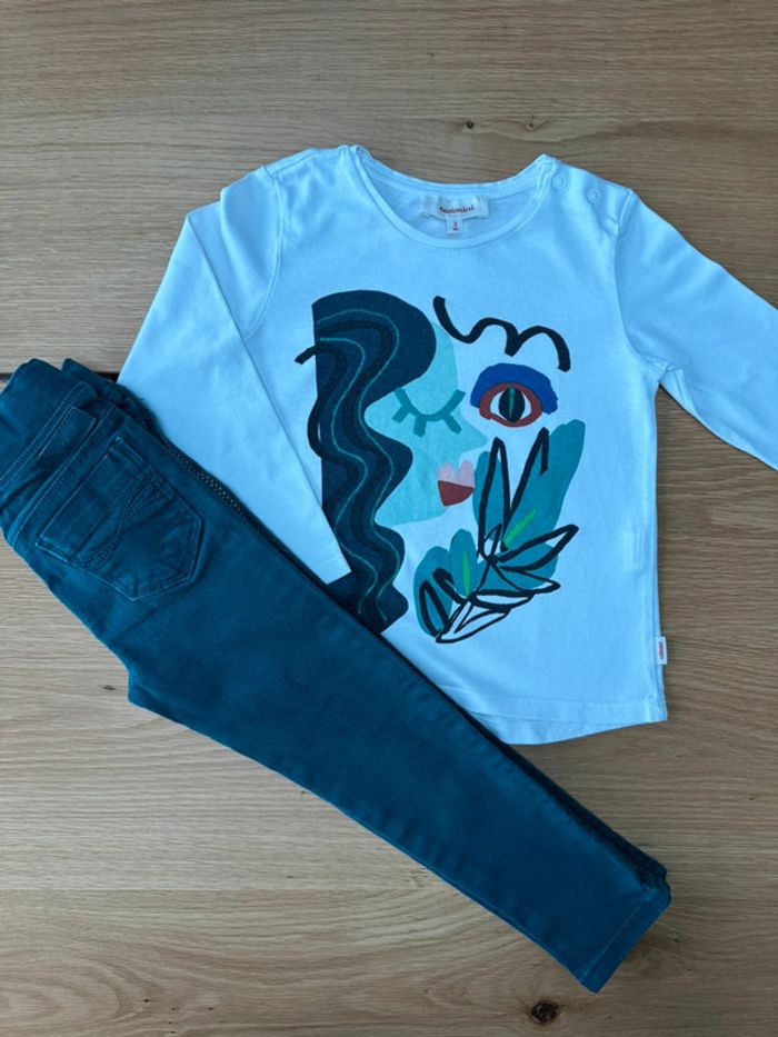 Tenue 2 pièces, teeshirt ML blanc visage vert foncé et tregging vert foncé assorti - Taille 3 Ans - photo numéro 2