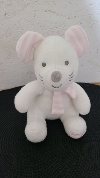 DOUDOU PELUCHE SOURIS JEMINI LUMINOU BLANC COEUR ROSE 22cm assis