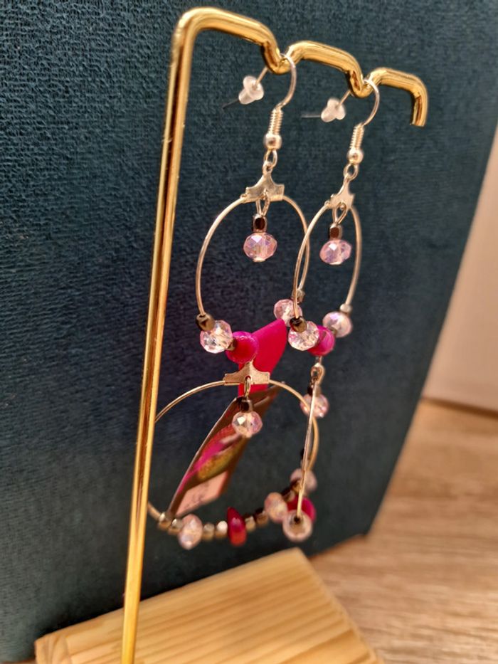 Boucles D'oreilles Creoles Pendantes Argentées Perles De Verre Hematite Coquillages - photo numéro 5