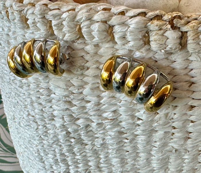 Paire de boucles d’oreilles lobe larges acier inoxydable 2 or jaune et argent avec accroche - photo numéro 5