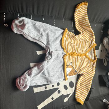 Bonjour vend pyjama gris à à rayures jaune et blanc avec un tigre dessus et la taille c’est du trois mois