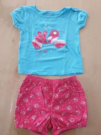 Ensemble fille 2 ans t -shirt bleu oiseau et short rose fleurs
