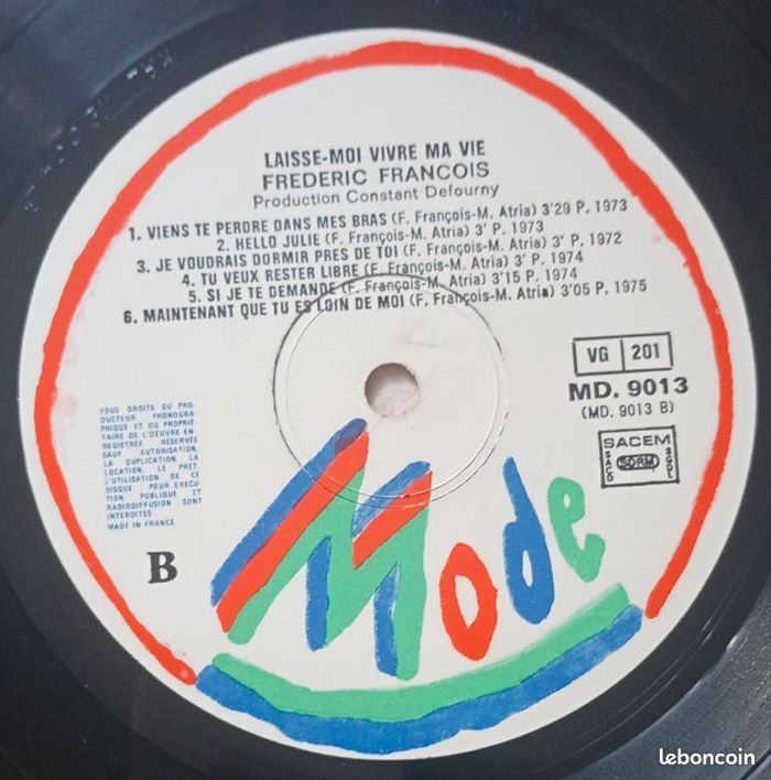 Vends Vinyle Frédéric François ' Laisse-moi vivre ma vie ' vitesse 33 tours format 30 cm - photo numéro 6