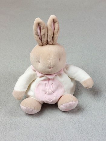 Doudou peluche lapin BEBE KLORANE rose blanc marron beige collerette sos doudou