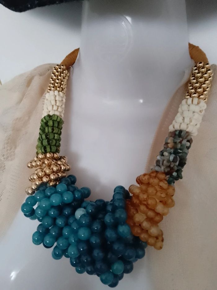 Collier boho ethnique bohème en pierres naturelles et bois