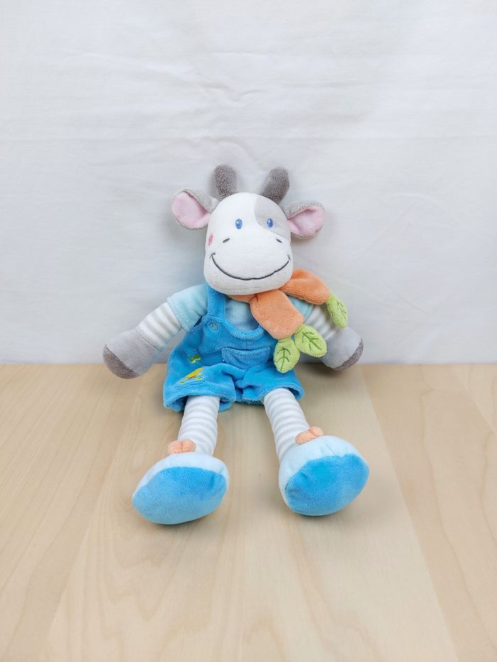 Peluche doudou BEBE REVE CASINO vache salopette bleue rayures écharpe 35 cm TBE