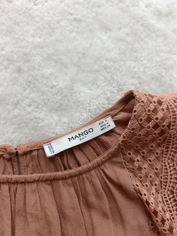Blouse Mango suite S avec broderie, caramel, rose poudré légère fluide ample - photo numéro 8