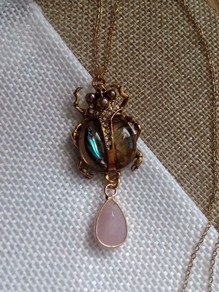 Collier scarabée ormeaux et pierre de quartz rose - photo numéro 4