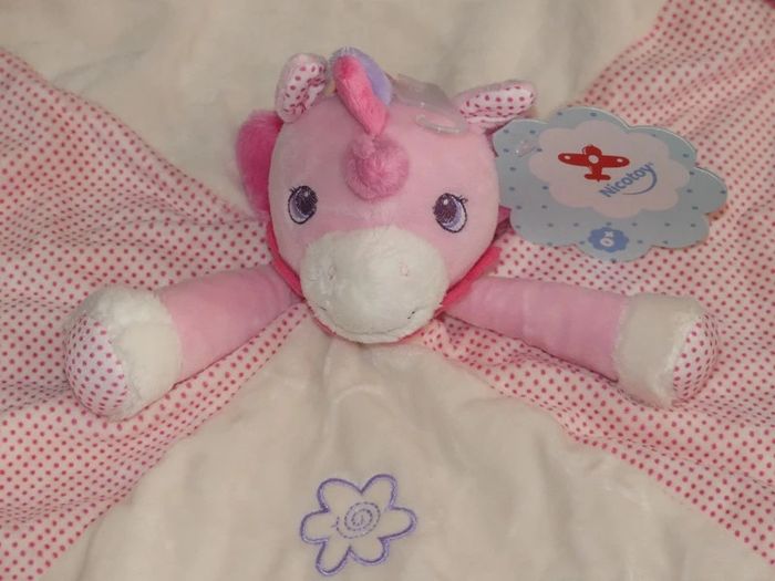 Doudou plat rond licorne rose blanc Nicotoy 🦄 Neuf - photo numéro 2