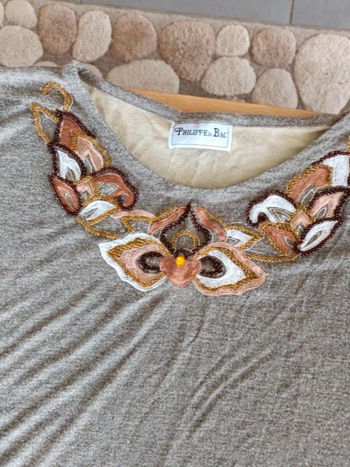Tee-shirt marron broderie Philippe le bac - photo numéro 2