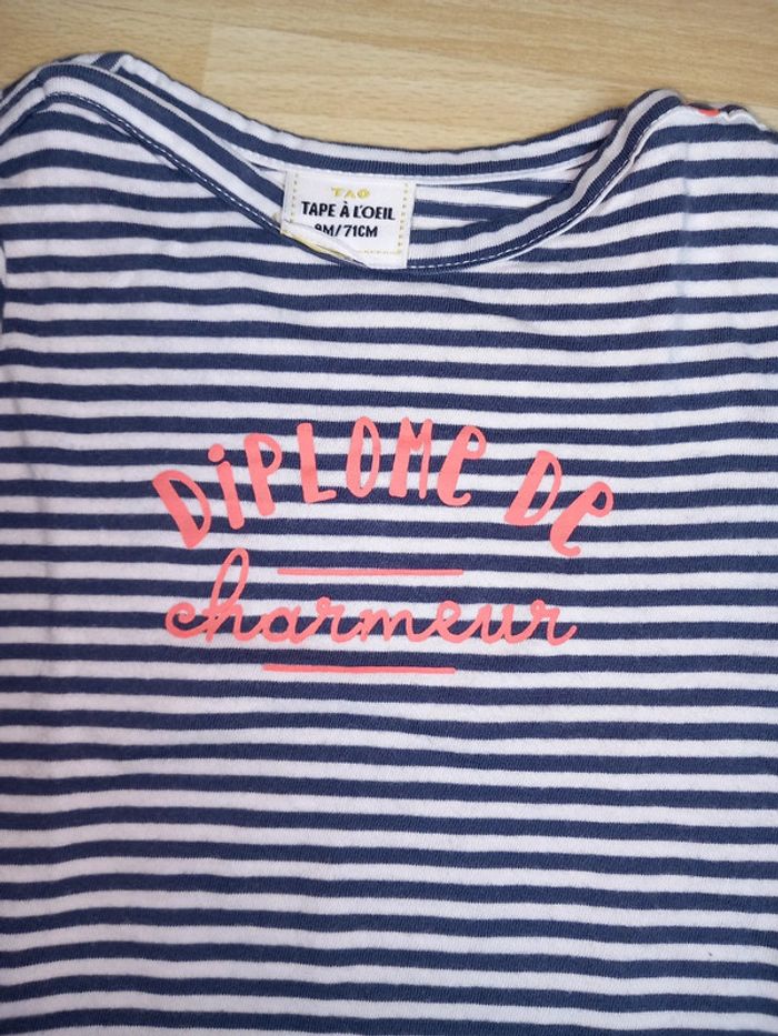 Tee-shirt rayé Diplôme de Charmeur 9 mois Excellent état - photo numéro 2