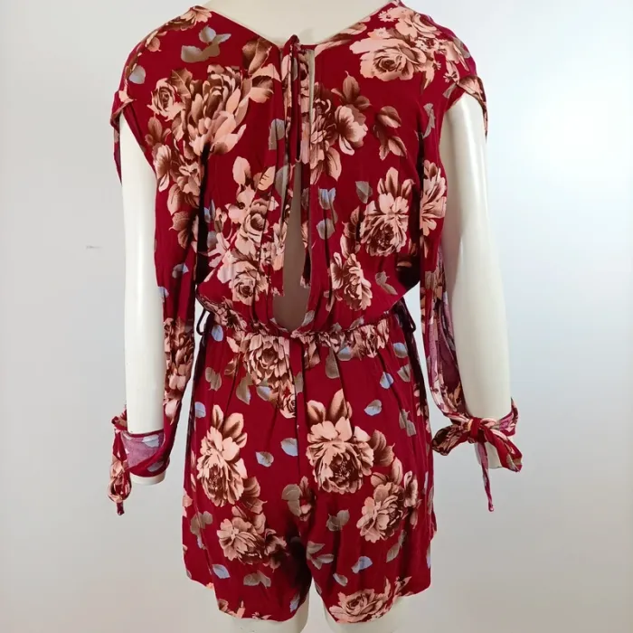Combishort rouge fleuri décolleté cache-cœur taille XL manches longues nouées A1561 - photo numéro 9
