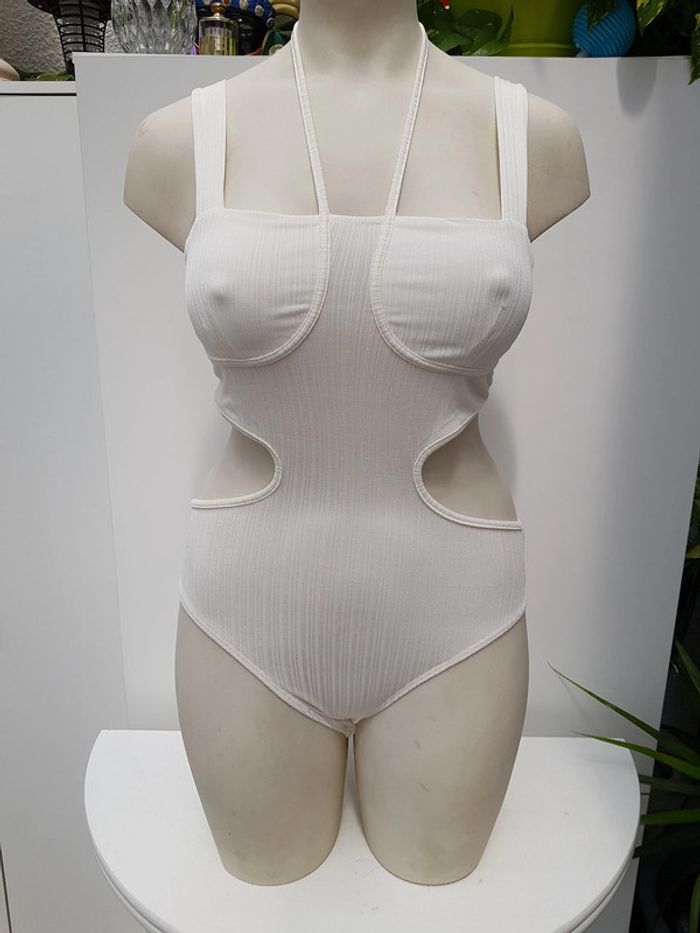 Body Effet Côtelé Blanc Ivoire Sexy - photo numéro 2