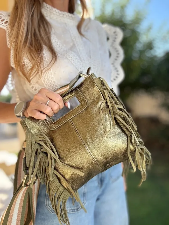 Sac bohème cuir vert irisé franges et 2 bandoulières - photo numéro 7