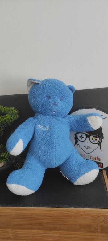Doudou Peluche Musti Mustela Blanc Bleu Publicitaire Lait Pharmacie Ancien