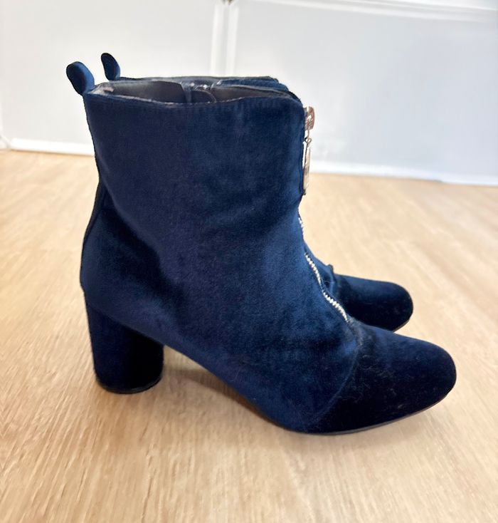 Bottines bleu marine effet velours – talons ronds & zip argenté chic - photo numéro 6