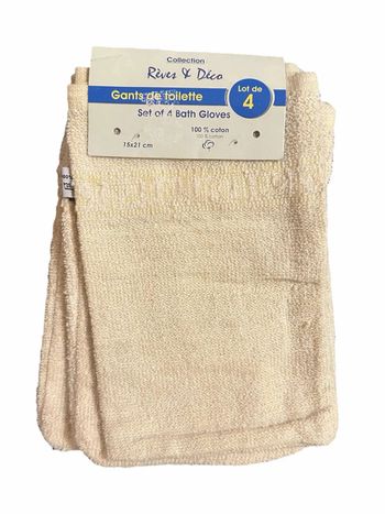 Lots de 4 Gants de Toilette Rêves & Déco 100%Coton Ecru
