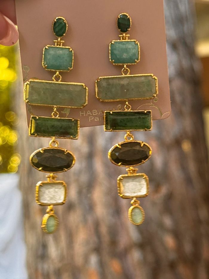 Grosse boucles d’oreilles habaha Paris acier inoxydable or jade malachite amazonite - photo numéro 2