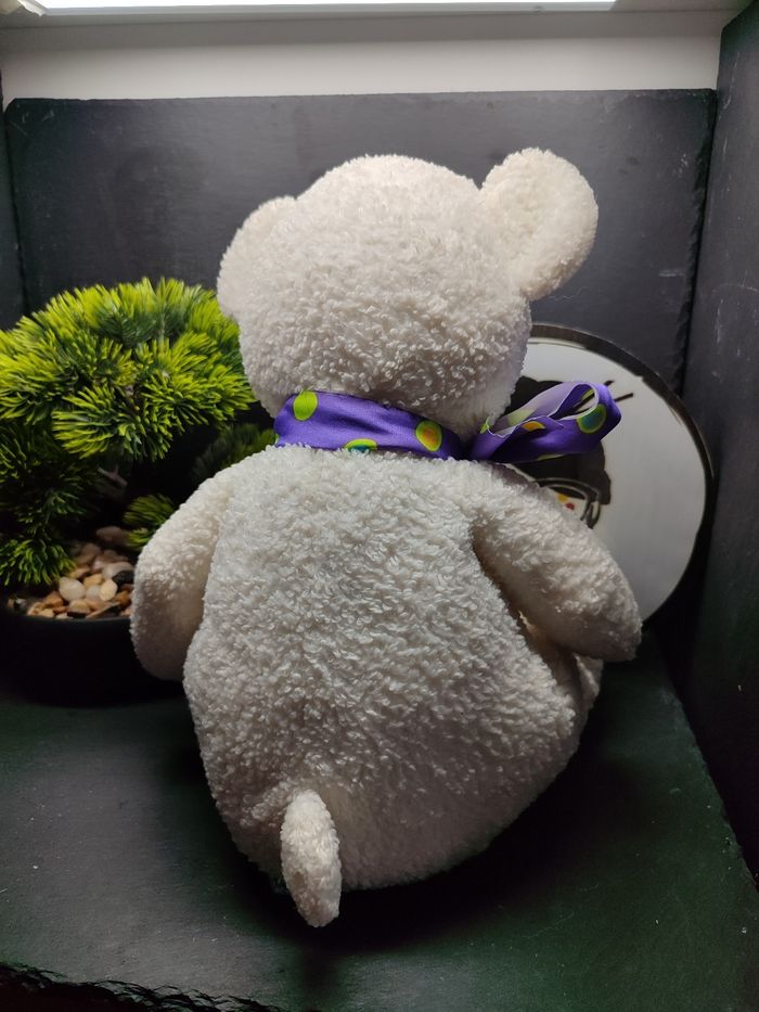 doudou peluche ancien hochet ours blanc éponge russ berrie moonbeam Bleu Grelot - photo numéro 2