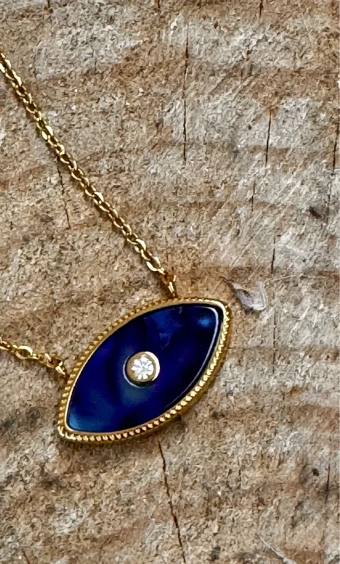 Collier chaîne réglable acier inoxydable or œil bleu lapis-lazuli cristal - photo numéro 2