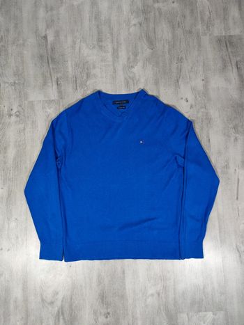 Pull Col V Tommy Hilfiger Bleu Marine Logo Brodé Taille L Homme