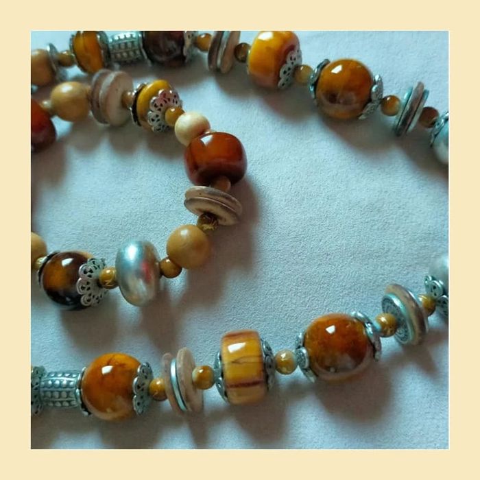 Parure vintage collier + bracelet perles bois & céramique - photo numéro 7