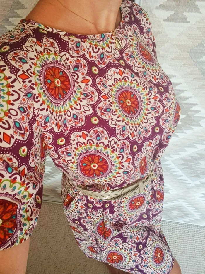Robe Lara Ethnics neuve violet avec mandala multicolore légère et fluide made in France - photo numéro 3