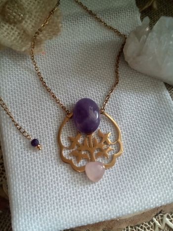 Collier pierres d'améthyste et de quartz rose