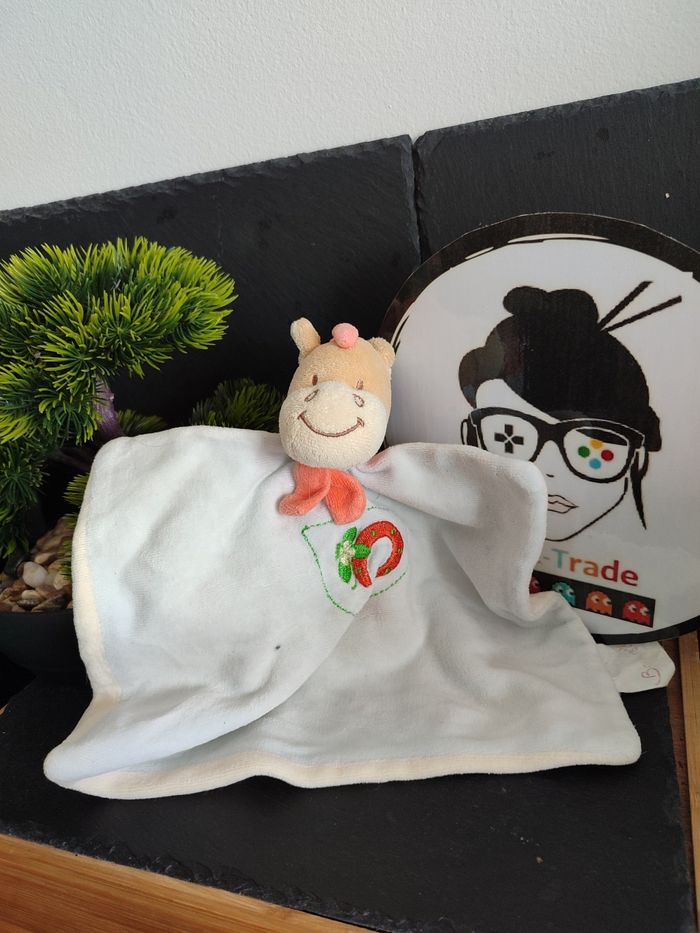 Doudou ane bengy carré plat bleu écharpe orange fer à cheval trèfle Ancien  3437