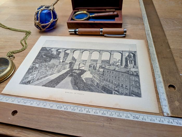 Imprimée en 1890, le Viaduc de Morlaix, Finistère. Original Vintage Authentique - photo numéro 3