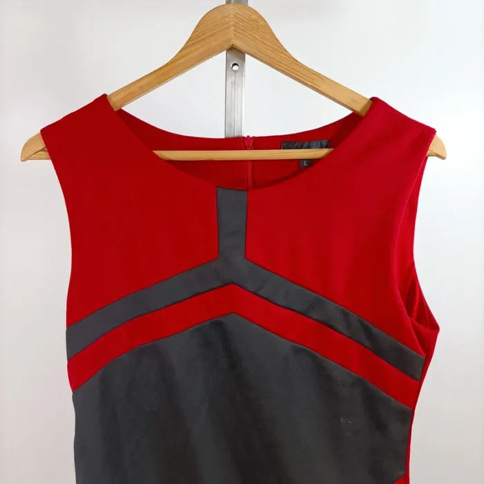 Robe courte sans manches rouge noire L graphique stretch col rond zip dos cintrée Ethina A1357 - photo numéro 3