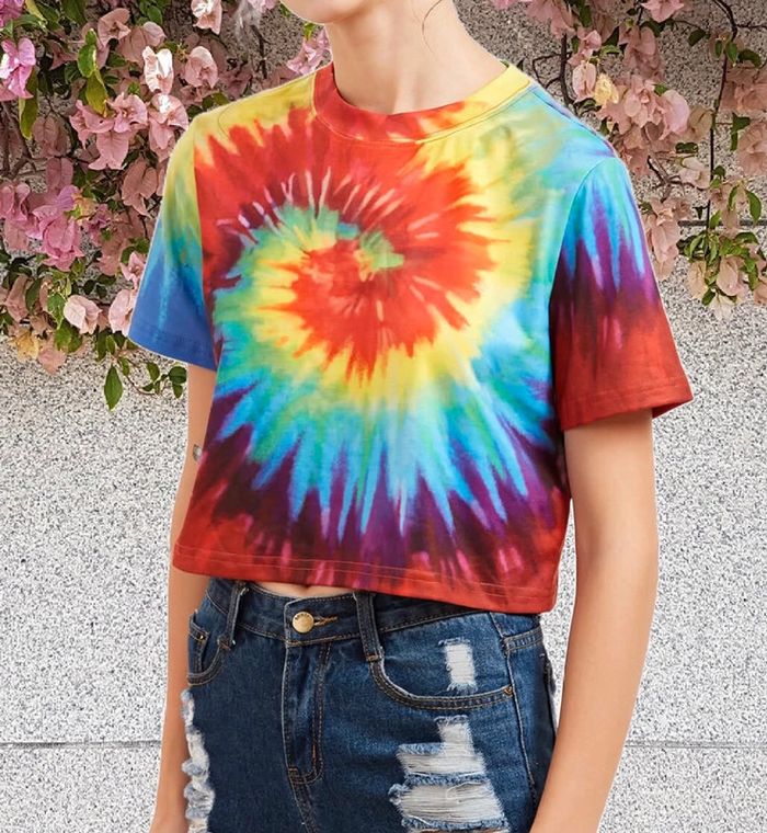 🌈 T-shirt court crop-top multicolore style hippie vintage 70s - photo numéro 4