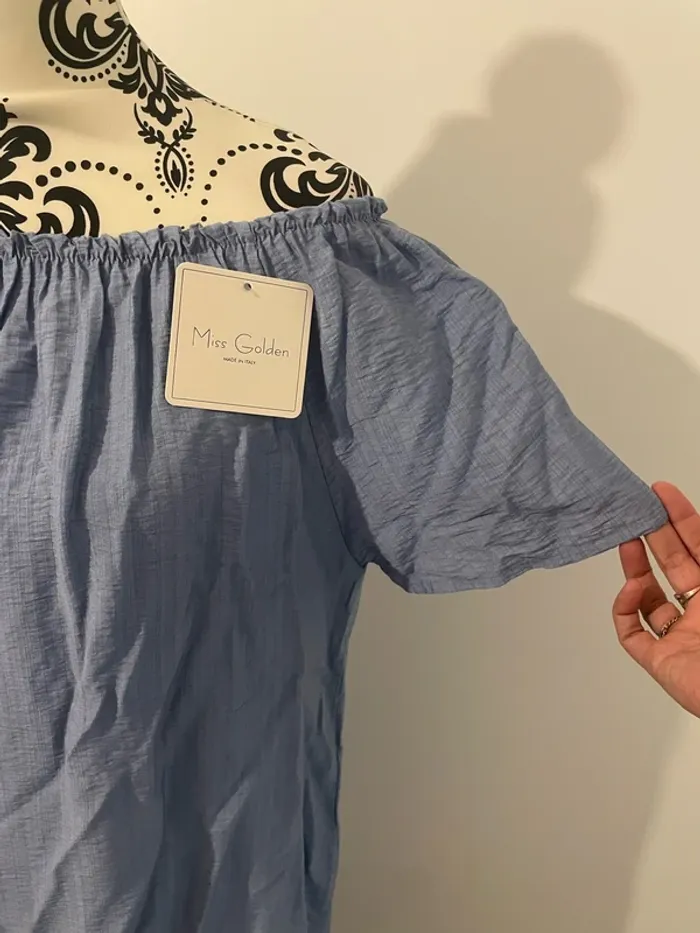 Robe ample bleu à manches courtes col élastique bas volant neuf Miss Golden taille 46 - photo numéro 4