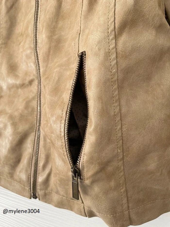 Veste perfecto classe similicuir beige marron camel avec poches et strass fermeture éclair - photo numéro 3