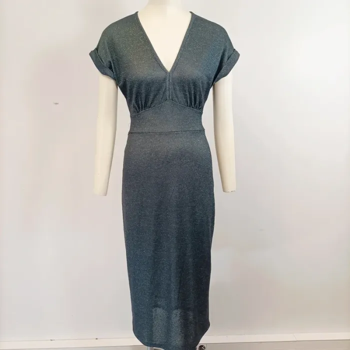 Robe longue paillettes bleu - t36 - robe de soirée moulante femme décolleté et noeud à l'arrière.