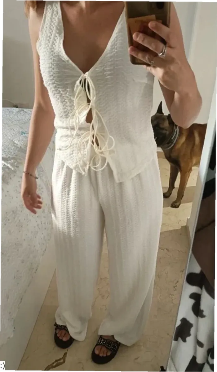 Ensemble Femme Deux Pièces Blanc Gaufré Bohème - Taille S Neuf Jamais Porté - photo numéro 2