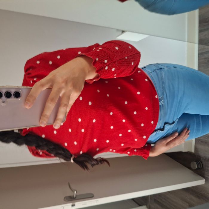 Blouse fluide rouge à pois blanc – Col montant froncé - Manches longues - Taille XS/S/M - Naf Naf - photo numéro 6