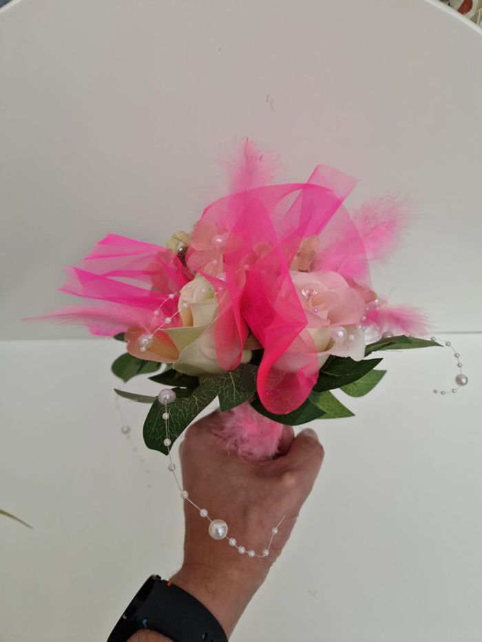 Bouquet De Mariée Roses Tulle Perles Plumes Dentelle - photo numéro 9