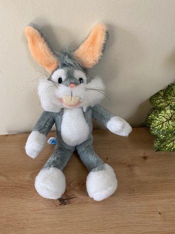Doudou peluche lapin gris blanc bugs bunny nounours 1990