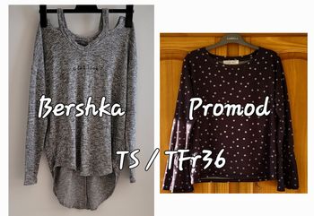 2 Hauts ML TS/TFr36 -Promod Noir à Pois Blancs & Bershka Gris Chiné & Epaules Dénudées
