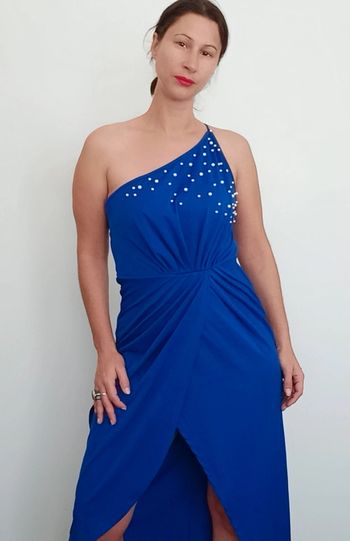Robe cocktail bleu roi et perles